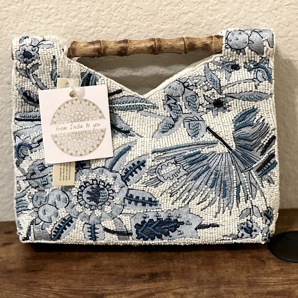 Blue Floral Beaded Handbag with Bamboo Handles